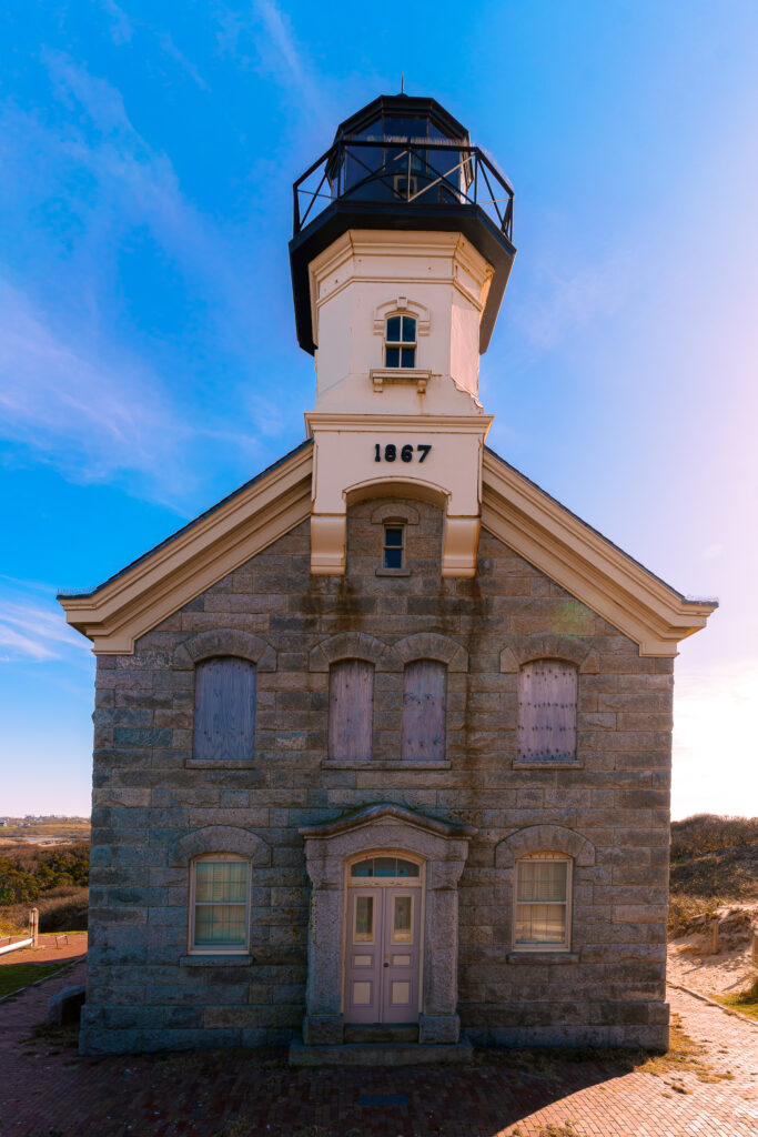 Block Island North Light in Sandy Point, built in 1867 and made of granite and iron.