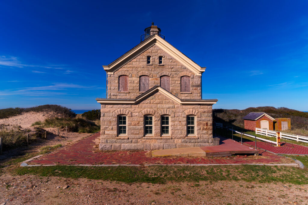 The back side of Block Island North Light in Sandy Point.